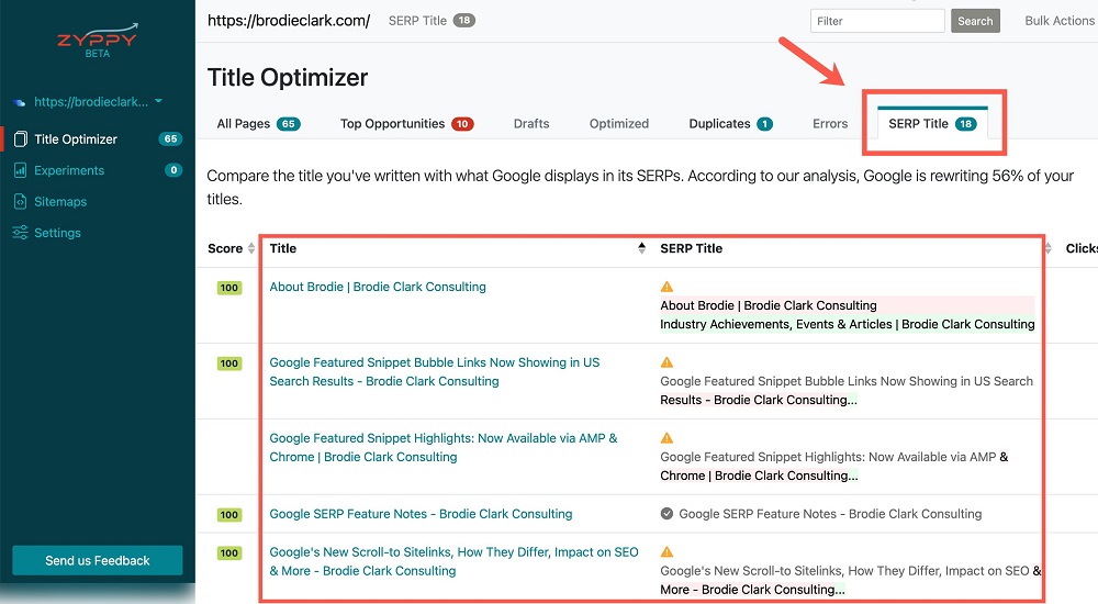 Title Optimizer позволил сравнивать заголовки, которые переписал Google, с оригиналами