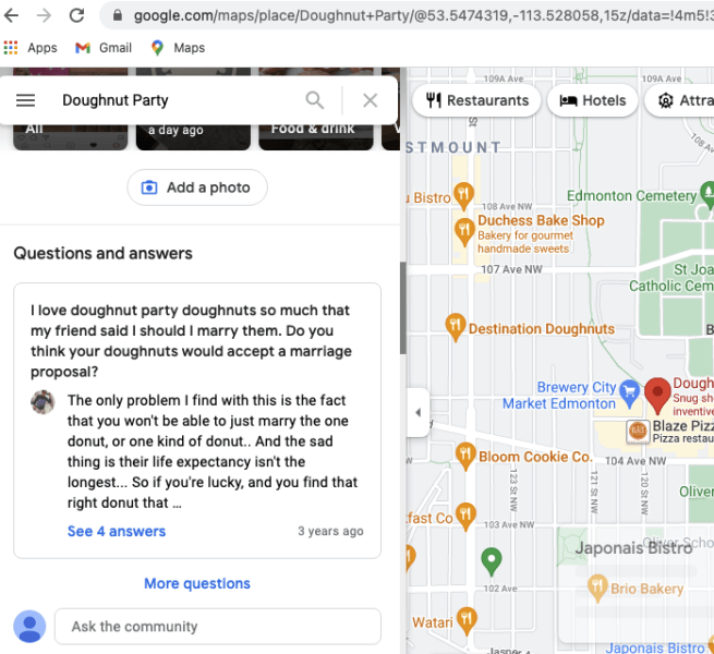Google тестирует вопросы и ответы на локальных панелях в Картах