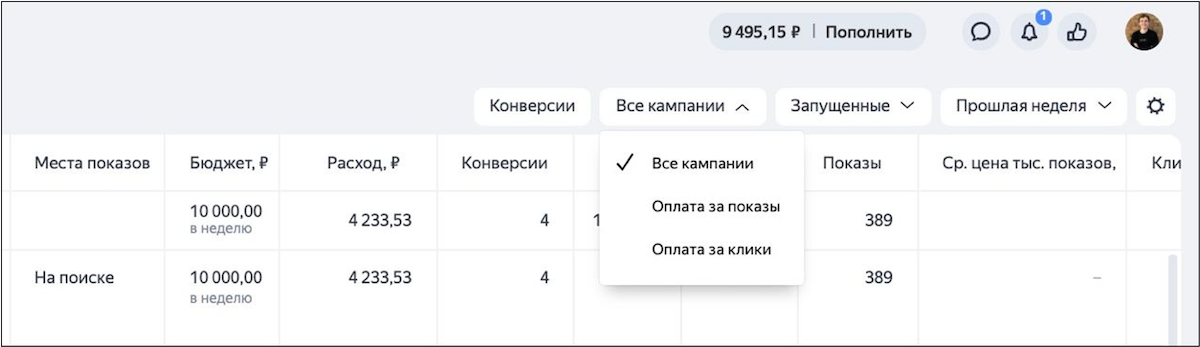 Яндекс Директ покажет статистику по всем типам кампаний на странице «Кампании»